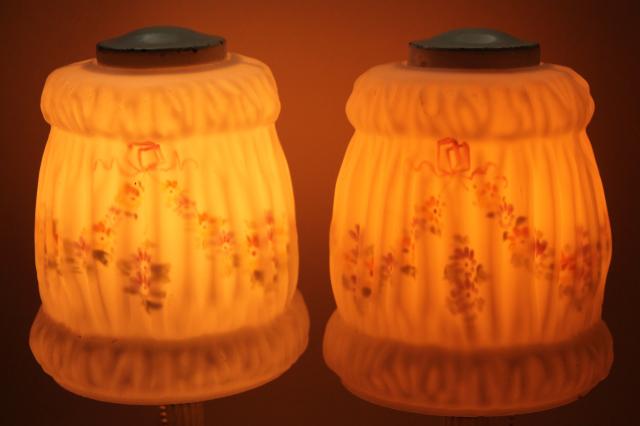 photo of pair antique vintage cast iron boudoir lamps w/ painted puffy glass lamp shades #9