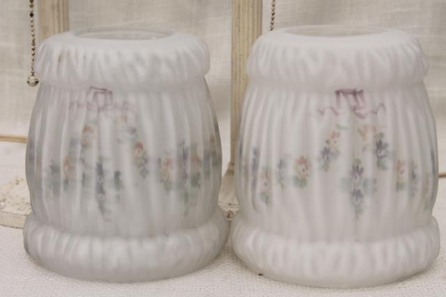 photo of pair antique vintage cast iron boudoir lamps w/ painted puffy glass lamp shades #10