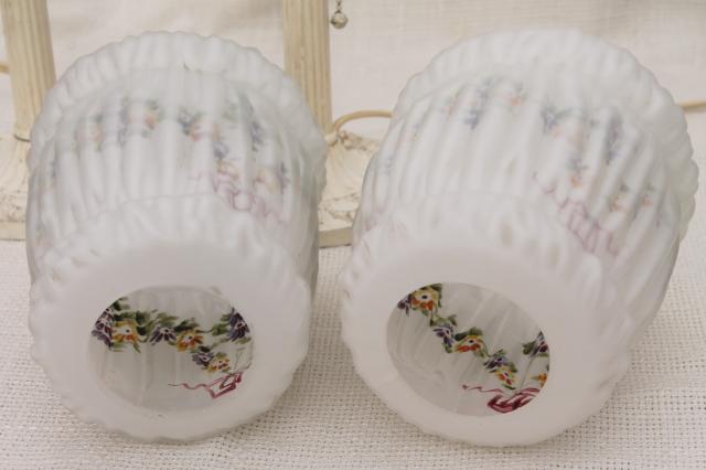 photo of pair antique vintage cast iron boudoir lamps w/ painted puffy glass lamp shades #11