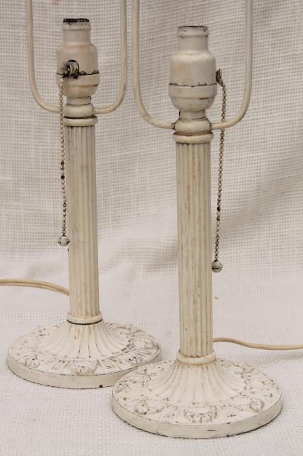 photo of pair antique vintage cast iron boudoir lamps w/ painted puffy glass lamp shades #14