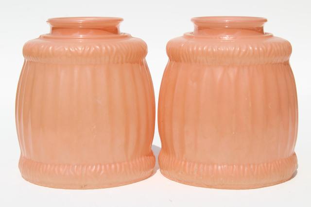 photo of pair antique vintage glass light shades, rose pink parlor boudoir lampshades #1