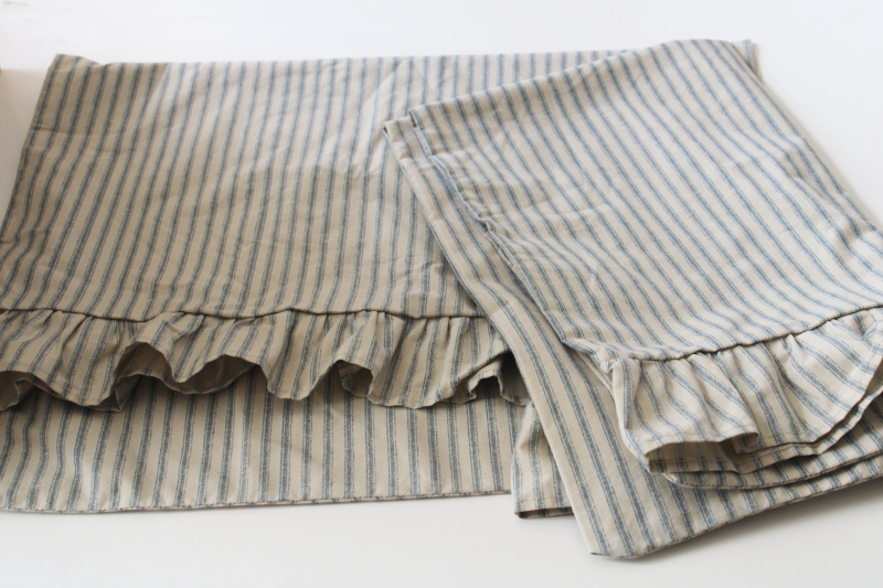 photo of pair blue ticking stripe pillowcases w/ girly ruffled edge, vintage country farmhouse or western style bedding  #1
