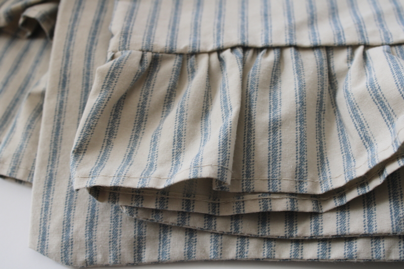 photo of pair blue ticking stripe pillowcases w/ girly ruffled edge, vintage country farmhouse or western style bedding #2