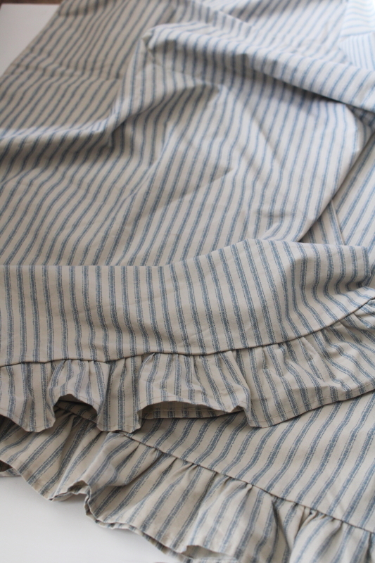 photo of pair blue ticking stripe pillowcases w/ girly ruffled edge, vintage country farmhouse or western style bedding #3