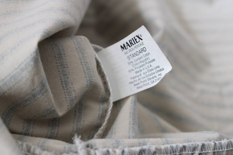 photo of pair blue ticking stripe pillowcases w/ girly ruffled edge, vintage country farmhouse or western style bedding #4