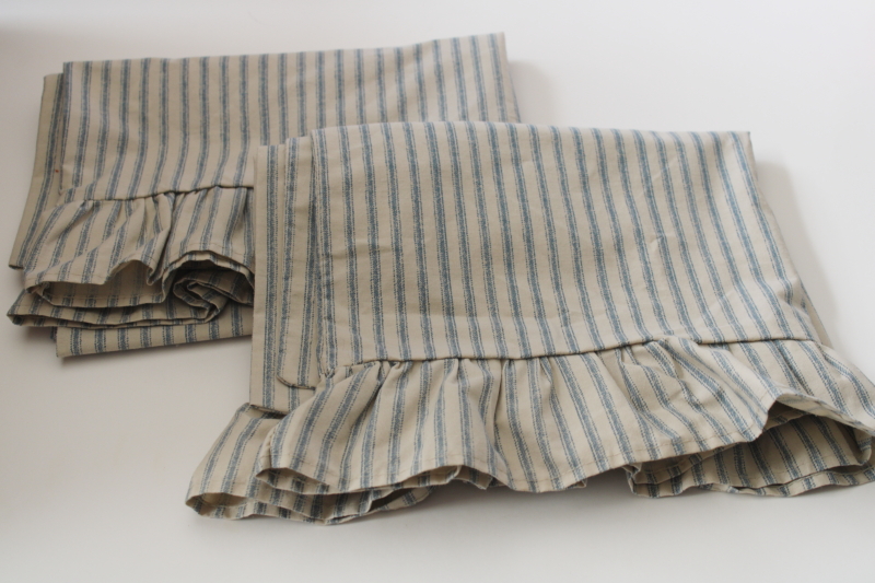 photo of pair blue ticking stripe pillowcases w/ girly ruffled edge, vintage country farmhouse or western style bedding #5