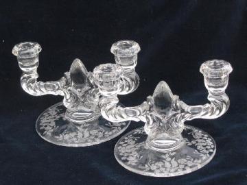 catalog photo of pair branched candlesticks, vintage etched or wheel-cut floral chintz glass