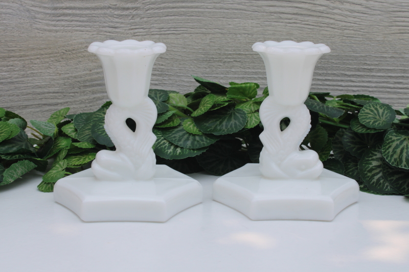 photo of pair dolphin fish candle holders Westmoreland milk glass low candlesticks antique reproduction #1