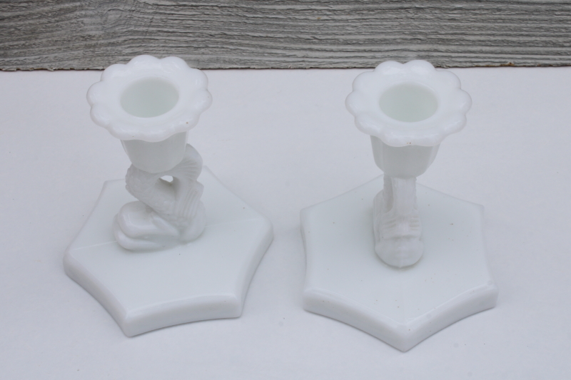 photo of pair dolphin fish candle holders Westmoreland milk glass low candlesticks antique reproduction #5