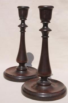 catalog photo of pair early 20th century vintage walnut wood candlesticks w/ lovely old french polish finish