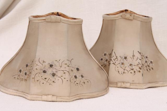 photo of pair fancy old small bell shaped wire lampshades in shabby original antique silk fabric #1