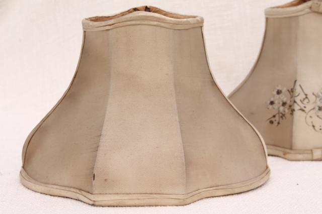 photo of pair fancy old small bell shaped wire lampshades in shabby original antique silk fabric #4