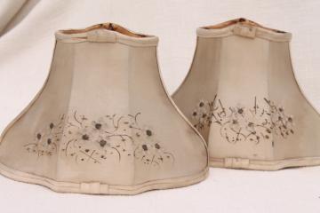 catalog photo of pair fancy old small bell shaped wire lampshades in shabby original antique silk fabric