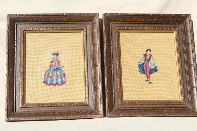 photo of pair framed vintage needlepoint pictures, regency couple portraits lady & gent #1