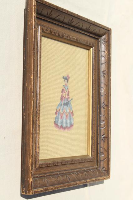 photo of pair framed vintage needlepoint pictures, regency couple portraits lady & gent #5