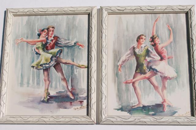 photo of pair framed vintage prints of ballet dancers, retro mid-century kitsch wall art #1