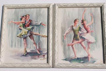 catalog photo of pair framed vintage prints of ballet dancers, retro mid-century kitsch wall art