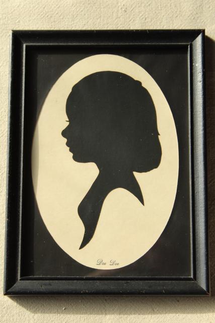 photo of pair framed vintage silhouette paper cuts, 1940s boy & girl portraits #3