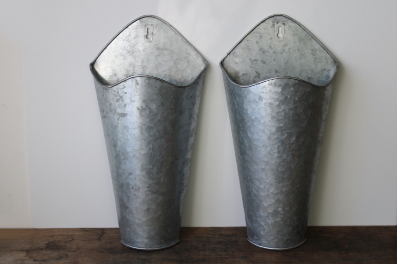 photo of pair galvanized metal wall pocket flower planter buckets or storage bins, modern farmhouse decor  #1