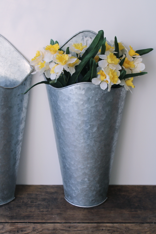 photo of pair galvanized metal wall pocket flower planter buckets or storage bins, modern farmhouse decor  #2