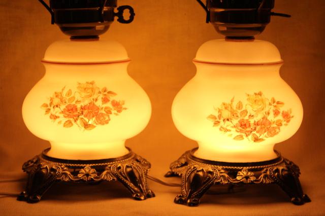 photo of pair hand-painted milk glass chimney shade lamps, vintage Quoziel lamp set #4