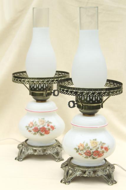 photo of pair hand-painted milk glass chimney shade lamps, vintage Quoziel lamp set #5