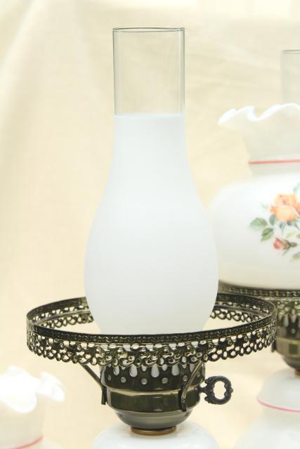 photo of pair hand-painted milk glass chimney shade lamps, vintage Quoziel lamp set #8