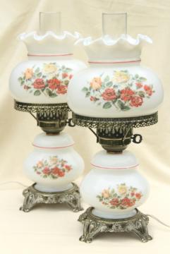 catalog photo of pair hand-painted milk glass chimney shade lamps, vintage Quoziel lamp set