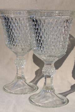 catalog photo of pair huge glass goblet vases, diamond point pattern pressed glass apothecary jar urns