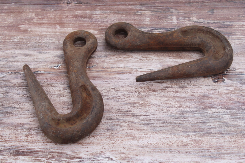 photo of pair huge old iron hooks, antique vintage industrial hardware, grab hooks for chain hoist rigging #5