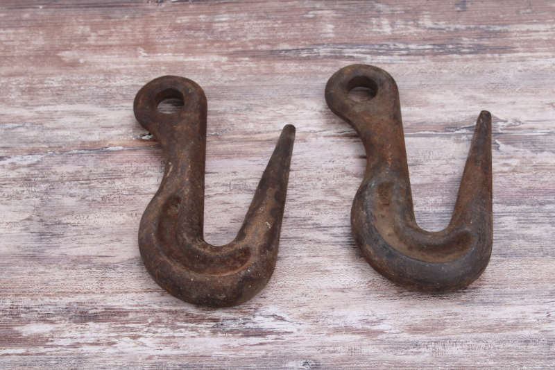 photo of pair huge old iron hooks, antique vintage industrial hardware, grab hooks for chain hoist rigging #6