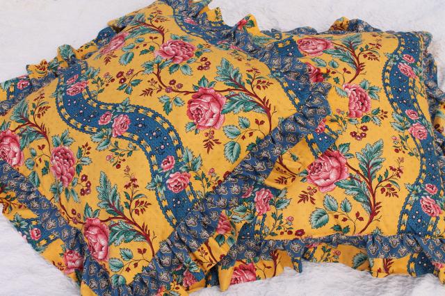 photo of pair huge ruffled cushions, french country style fabric vintage pink roses, mustard yellow & blue #1