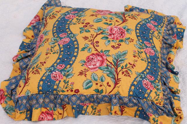 photo of pair huge ruffled cushions, french country style fabric vintage pink roses, mustard yellow & blue #2