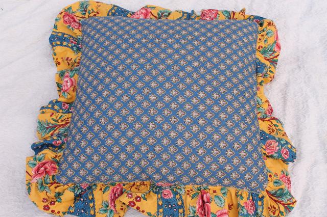 photo of pair huge ruffled cushions, french country style fabric vintage pink roses, mustard yellow & blue #3