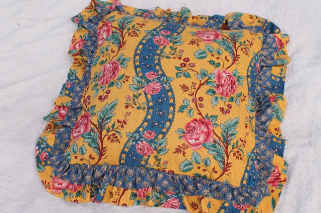 photo of pair huge ruffled cushions, french country style fabric vintage pink roses, mustard yellow & blue #4