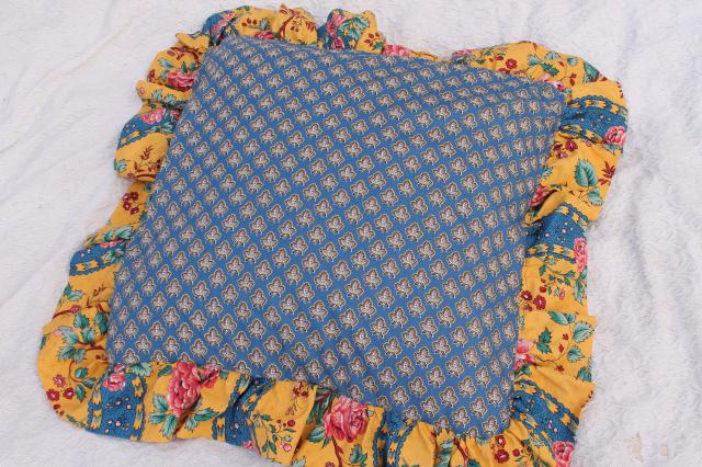 photo of pair huge ruffled cushions, french country style fabric vintage pink roses, mustard yellow & blue #5