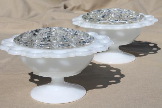 photo of pair lace edge milk glass centerpiece bowls for flowers & glass frog flower holder inserts #1