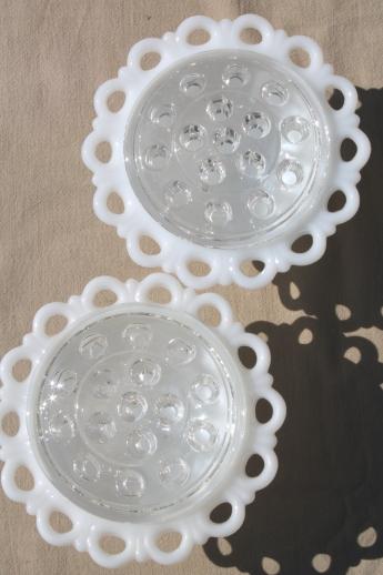 photo of pair lace edge milk glass centerpiece bowls for flowers & glass frog flower holder inserts #5