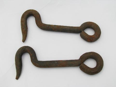 photo of pair large antique, hand-forged iron barn or stable door latch hooks #1