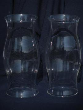 catalog photo of pair large blown glass chimneys, hurricane candle holder shades