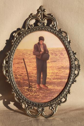 photo of pair large ornate metal picture frames w/ curved convex glass, gleaners prints #4