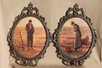 catalog photo of pair large ornate metal picture frames w/ curved convex glass, gleaners prints