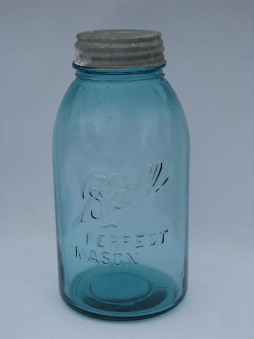 photo of pair large vintage aqua blue glass Ball mason fruit jars w/zinc lids #3