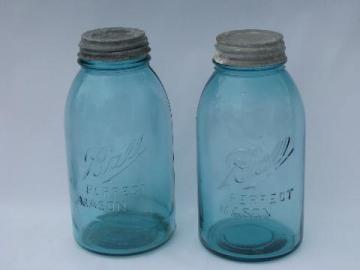 catalog photo of pair large vintage aqua blue glass Ball mason fruit jars w/zinc lids