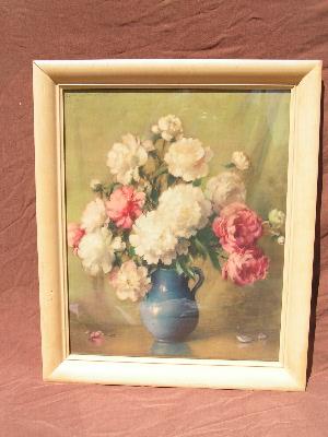 photo of pair large vintage floral prints in wood frames, 1940's #3