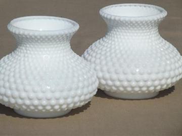 catalog photo of pair matching vintage hobnail milk glass lamp shades for student lamp