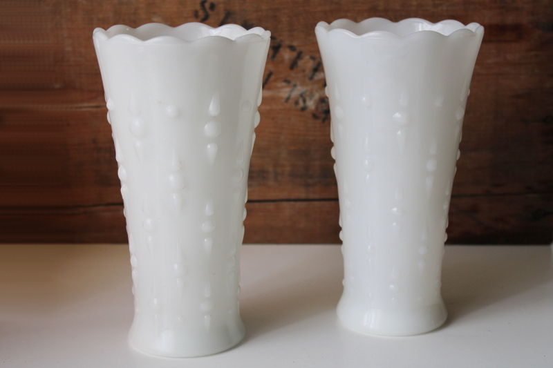 photo of pair mid-century mod vintage milk glass vases, Anchor Hocking teardrop and pearl pattern #1