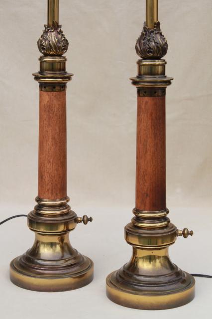 photo of pair mid-century vintage Stiffel lamps, solid brass & wood lamps w/ three way switch #1