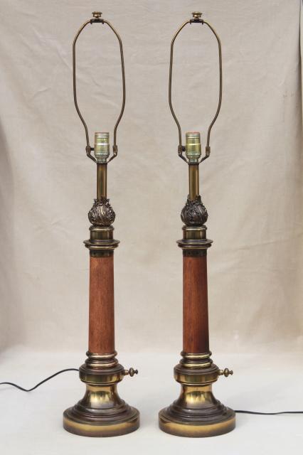 photo of pair mid-century vintage Stiffel lamps, solid brass & wood lamps w/ three way switch #5