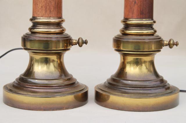 photo of pair mid-century vintage Stiffel lamps, solid brass & wood lamps w/ three way switch #6